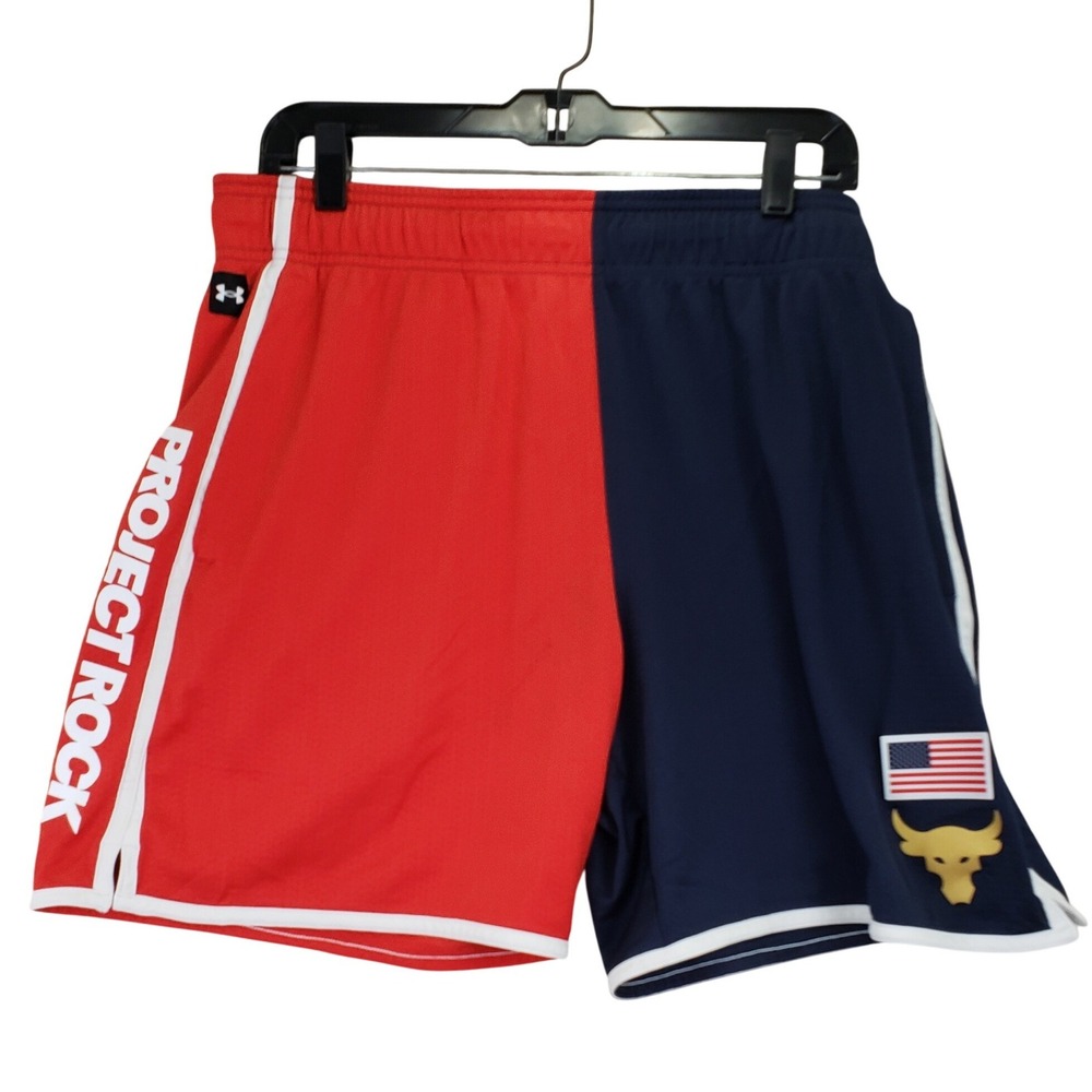 Under Armour Project Rock Shorts Mens XL Red Navy Colorblock Athletic Gym